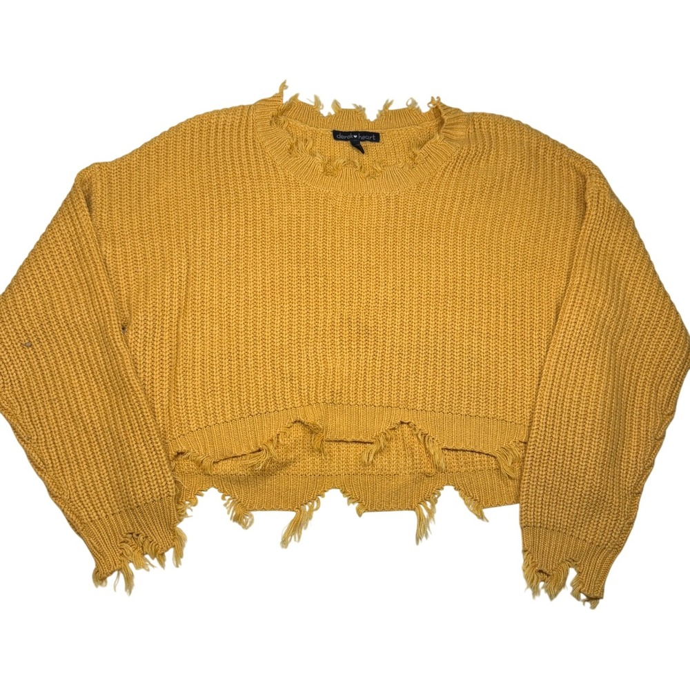 Derek Heart‎ Mustard Yellow Distressed Cropped Knit Sweater Womens Large Frayed